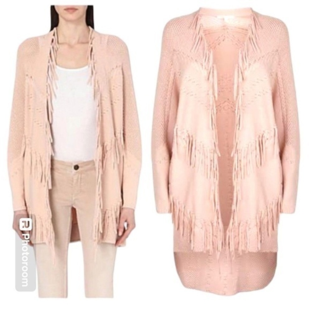 Maje Cardigan Melomane Fringe Open Front in Nude Pink